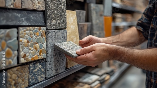Man selecting tile samples in home improvement store