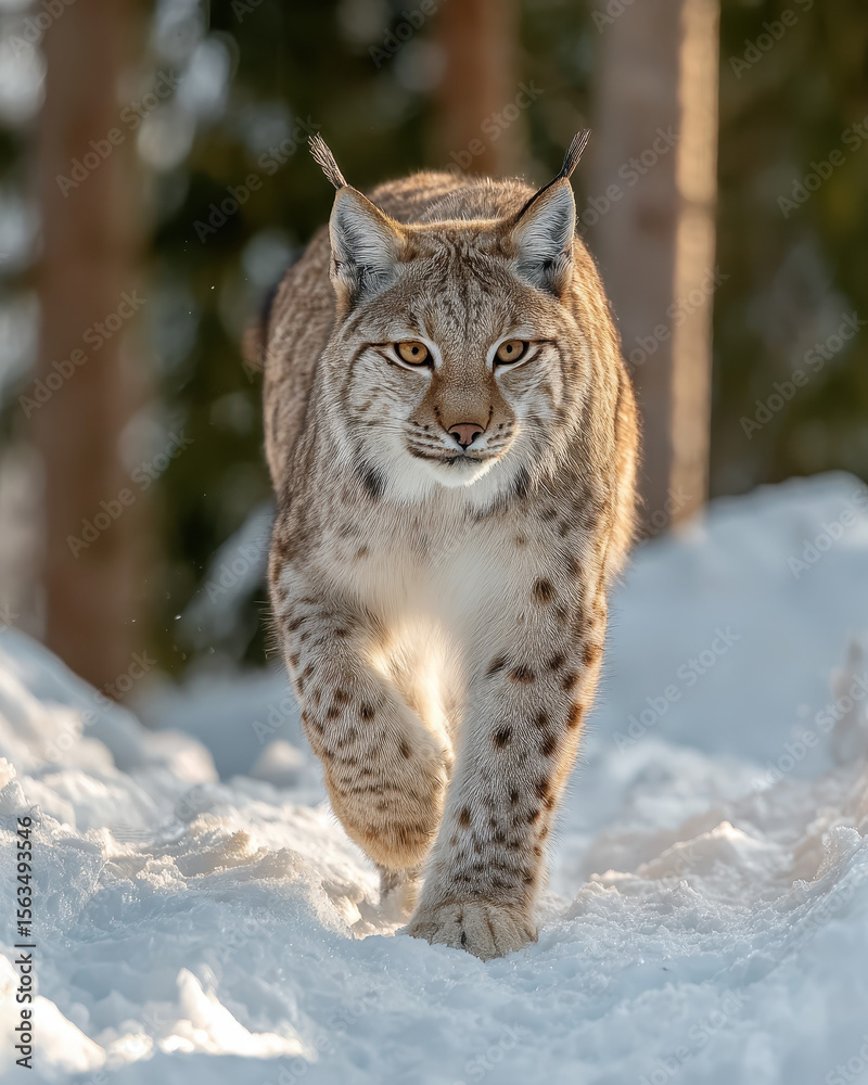 Fototapeta premium Lynx Walking Through Snow Strong Pawprints Visible Winter Wildlife