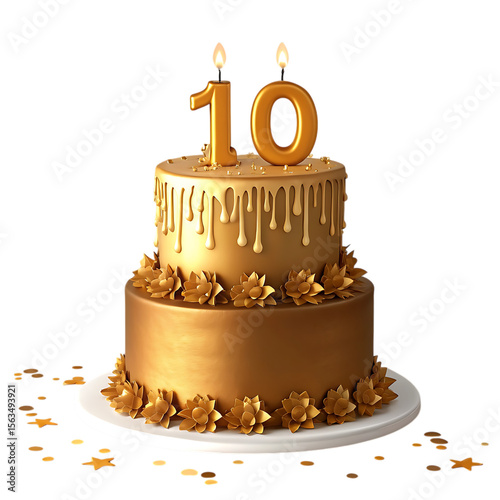 Elegant gold two tier birthday cake with number 10 candles isolated on transparent background