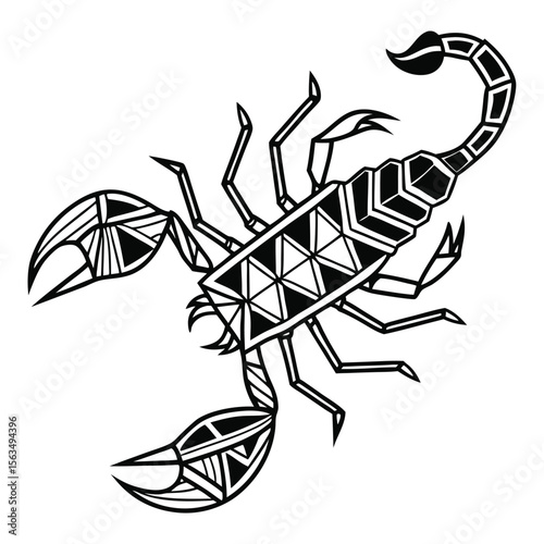 Stylized black and white scorpion with geometric patterns on its body and claws facing the viewer