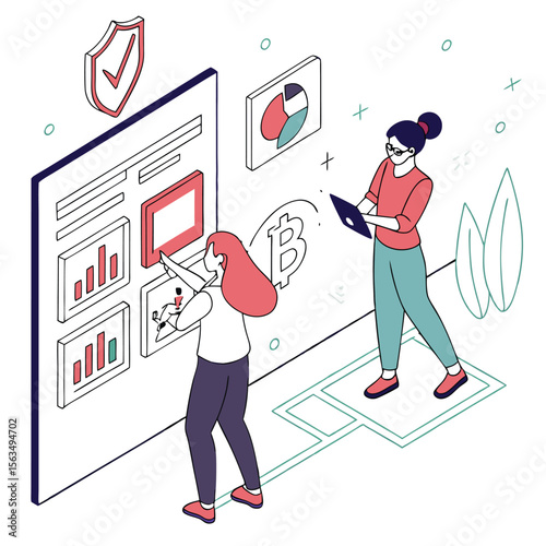 Isometric illustration of two women analyzing data charts and graphs on a large interactive screen