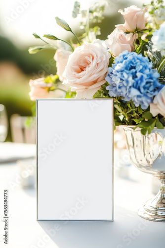Blank silver frame mockup placed on a wedding table with pink roses and blue hydrangeas in a silver vase