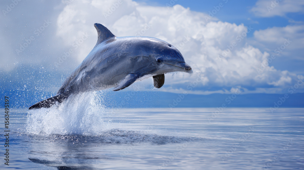 Fototapeta premium Majestic Dolphin Leaping from Ocean Water under a Vivid Blue Sky