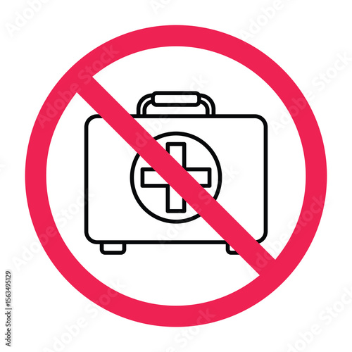 No first aid kit sign, forbidden emergency kit sign, first aid bag prohibited icon, emergency medical kit with red crossed circle symbol