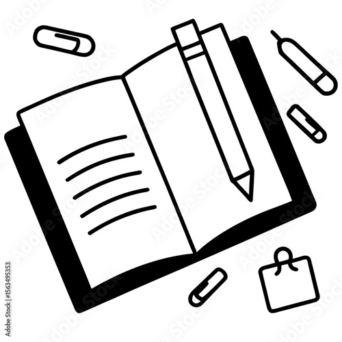 An open notebook with pens, highlighters, sticky notes, and clips scattered neatly. Perfect for education or planning themes.