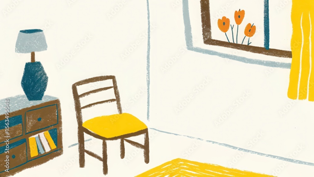 Fototapeta premium Colored pencil drawing Bright and cheerful interior living room, yellow chair and window view with flowers, creating a cozy atmosphere. Isolate on white background