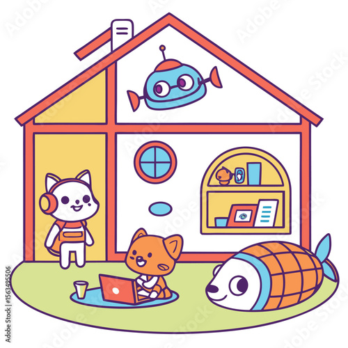 Cartoon house interior with robot, cat, dog using laptop, and fish on a green surface inside house