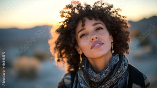 Peaceful Black woman meditates on desert sands under rising sun, eyes closed, head tilted upward in spiritual reverence, warm light casting gentle glow over tranquil natural settin