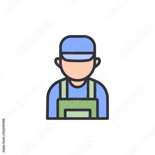 Stylized Vector Illustration Of A Worker Wearing Overalls And A Cap