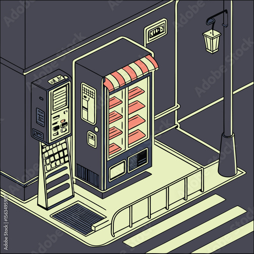 Isometric illustration of a vending machine and atm on a city street corner at night time scene