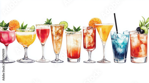 Watercolor illustration of a variety of brightly colored cocktails