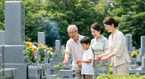 家族で行う夏のお墓参りと供養の風景