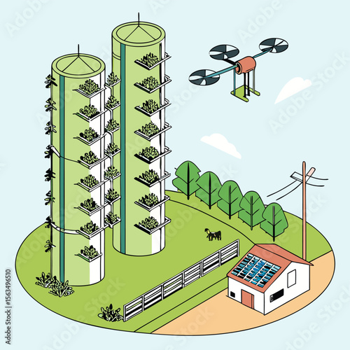 Isometric view of vertical farm with drone, solar panel house, and fence in a rural landscape