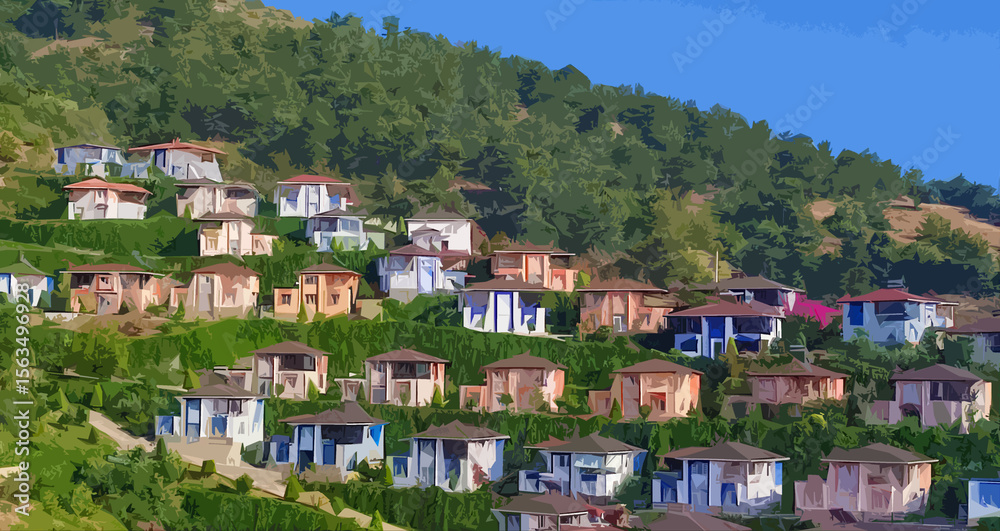 Fototapeta premium View of Colorful Hillside Houses. Village, summer resort in Alanya