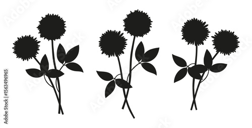 Set of silhouette wildflower bouquets. Bunches of blooming perennial wild plants, minimal style. Botanical hand-drawn elements for design projects. Vector illustration