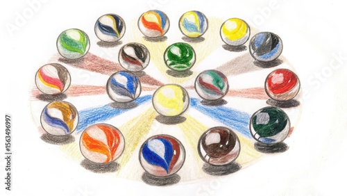 Colored pencil drawing, A vibrant collection of colorful marbles arranged in a circular pattern, showcasing artistic designs and reflections. Isolate on white background