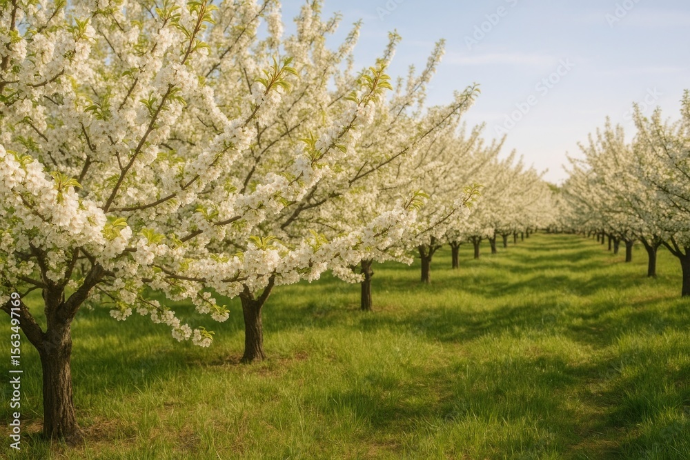 Fototapeta premium Blossoming orchard under clear sky.