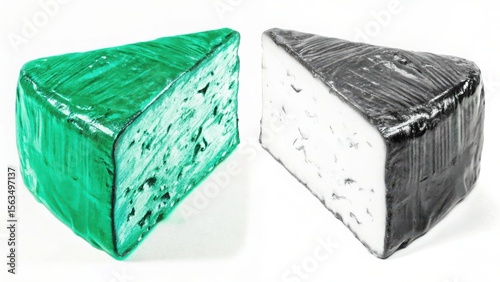 Colored pencil drawing two cheese wedges, one green and one black, showcasing contrasting colors and textures. Isolate on white background