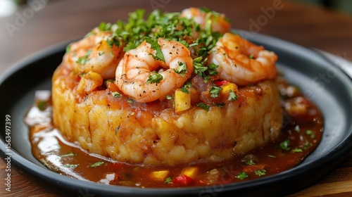 Seared Shrimp, Mashed Potato, Sauce, Restaurant, Close-up
