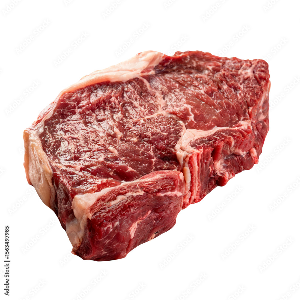 Obraz premium Raw ribeye steak with marbling and fat isolated on transparent background