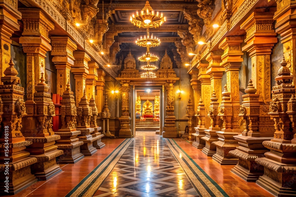 Fototapeta premium Ornate golden temple hallway with elaborate pillars and chandeliers