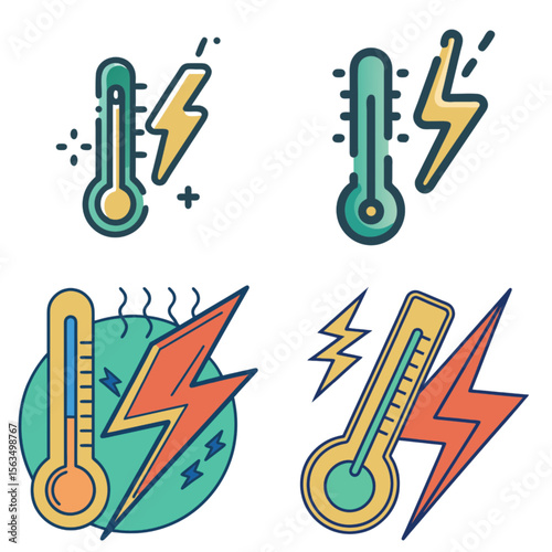 Colorful thermometers with lightning symbols for weather concept  
