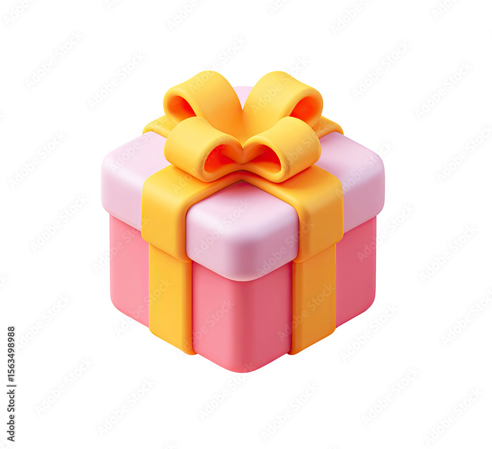 Naklejka premium Cute pink gift box with yellow ribbon on transparent background