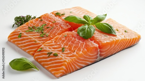 Fresh salmon fillets, herbs, studio shot, white background, recipe