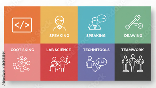Essential Skills Icons Coding, Speaking, Drawing, Teamwork, and More, Vector