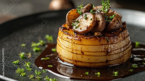 Gourmet potato gratin with mushrooms, dark sauce, close-up, dark background, restaurant menu