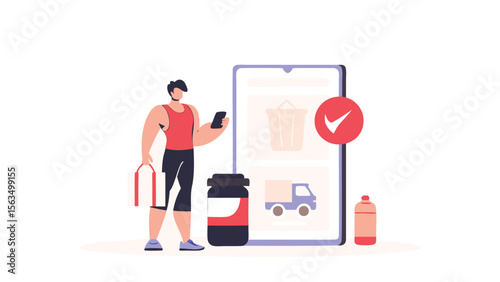 Man orders supplements on phone with delivery confirmation and protein bottle and gym bag nearby