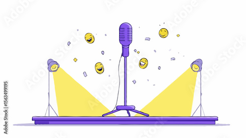 Vector illustration of vintage microphone for karaoke with yellow stage lights