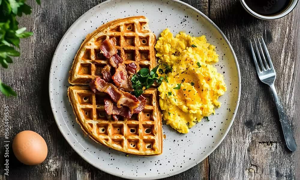 Inviting breakfast scene showcasing waffle, crispy bacon, and scrambled eggs ensemble