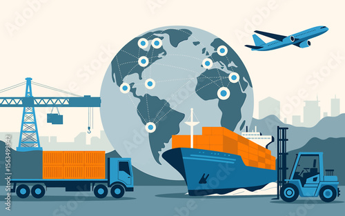 Global Logistics A Flat Design Illustration of Worldwide Shipping and Trade