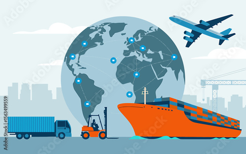 Global Logistics A Flat Design Illustration Showcasing Worldwide Shipping and Transportation