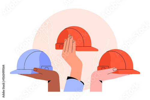 Flat Design Illustration Diverse Hands Holding Hard Hats, Teamwork and Construction Safety