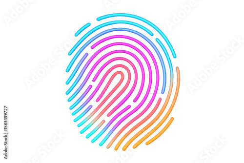 Vibrant neon fingerprint glowing against transparent backdrop, representing digital identity, security, biometric innovation