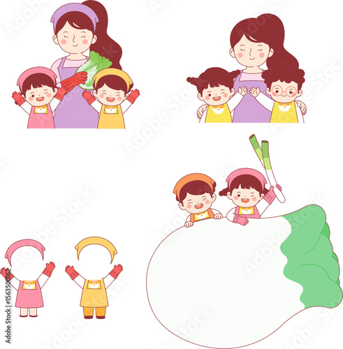 Kimchi, children, experiential learning, daycare, food, apron, traditional, cabbage, vegetables, characters,