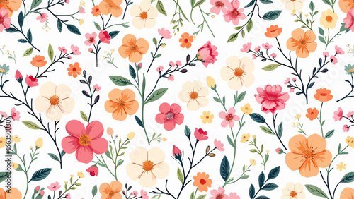 A color floral pattern with a variety of abstract leaves and flowers on a white background