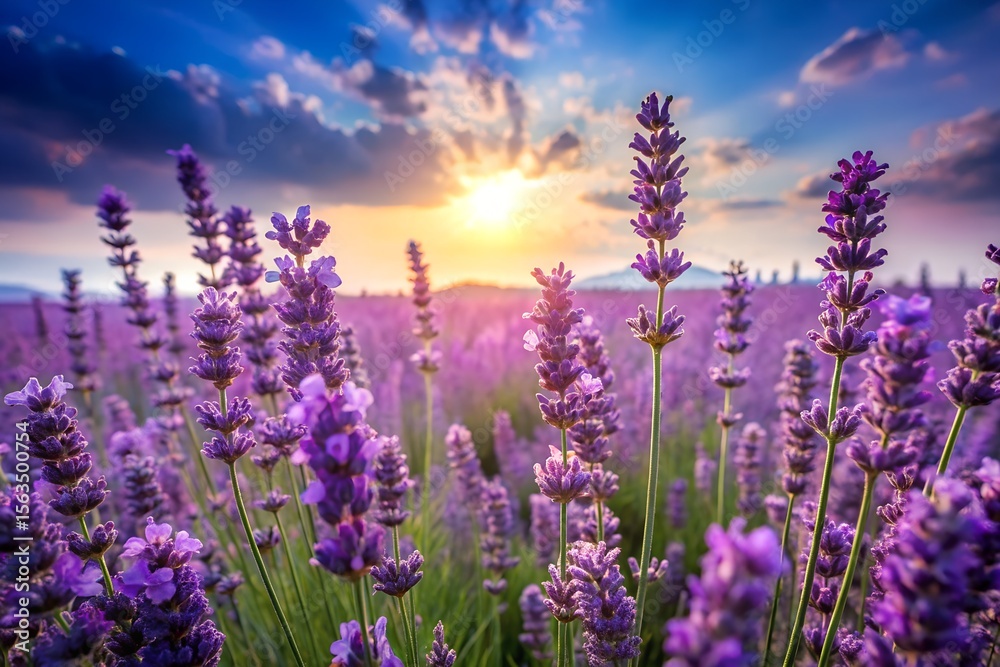 Fototapeta premium A vibrant lavender field stretches out under a breathtaking sunset, the purple flowers creating a stunning and romantic scene
