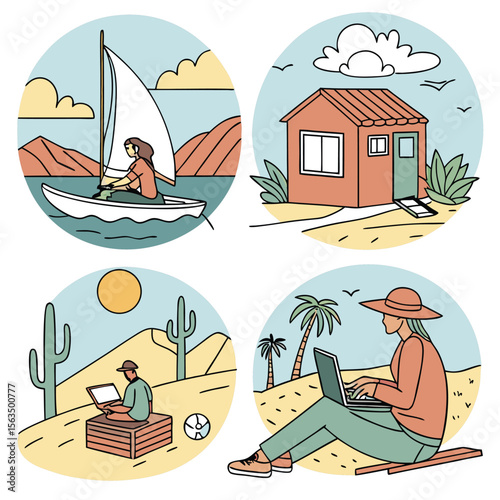 Illustrations showing people working remotely in diverse locations like beach and desert scenes