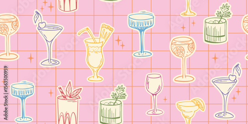 Seamless retro pattern with colorful cocktails on pink grid background
