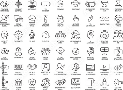 VR and AR Line Icons Set. Virtual Reality Vector Illustration.