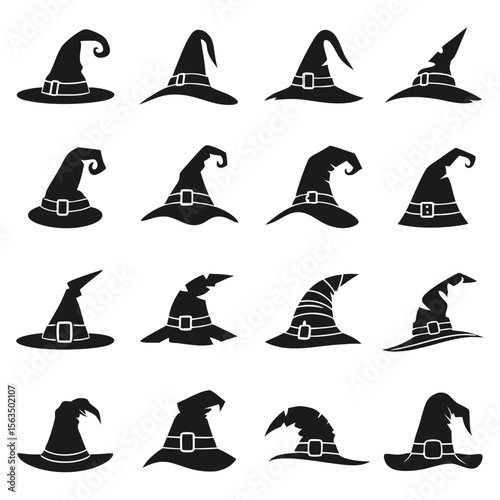 Set of 16 wizard hat icons in silhouette style isolated on white background