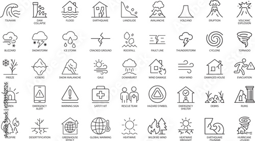 Natural Disasters Line Icons, Vector Illustration