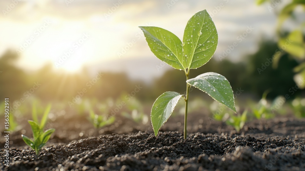 Fototapeta premium Young Plant Seedling Growing in Fertile Soil with Water Droplets at Sunrise seedling plant soil sun