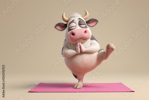 A clumsy 3D cartoon funny cow trying to balance on one leg in a yoga pose