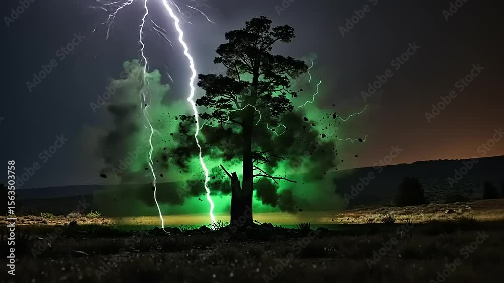 Lightning Strikes Tree Amidst Green Explosion at Night