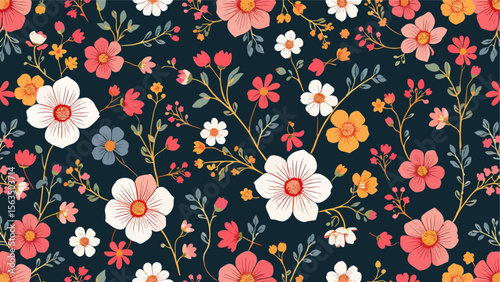 Seamless floral pattern, seamless pattern with poppies, Seamless floral pattern, Floral colorful seamless Pattern. Hand drawn Flowers and branches in Scandinavian style. Spring sum	