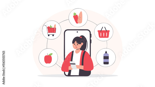 Woman using phone for online grocery shopping with icons of food and shopping related items around her
